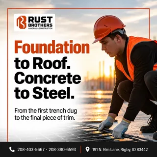 Rust Brothers social post "Foundation to Roof. Concrete to Steel.", designed by Interlink